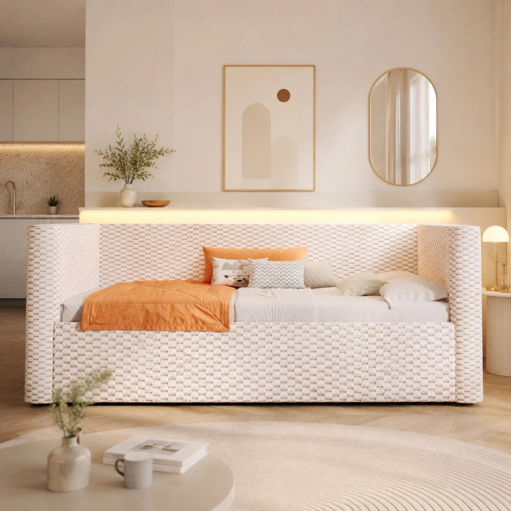 Divano letto 90x200 cm in velluto beige con LED e vano contenitore