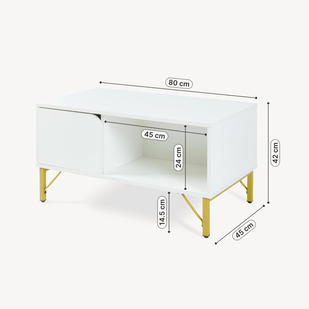 Tavolino Centrale da Salotto Reyri Tavolo Basso con Scomparti e Anta 80x45x42 cm Bianco / color Oro [en.casa]
