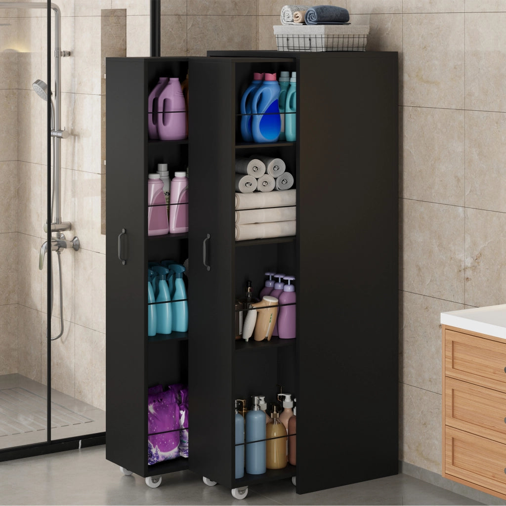 Libreria su ruote con 4 ripiani reversibile per soggiorno bagno cucina e ufficio in MDF nero 51.5 × 41 × 158 cm