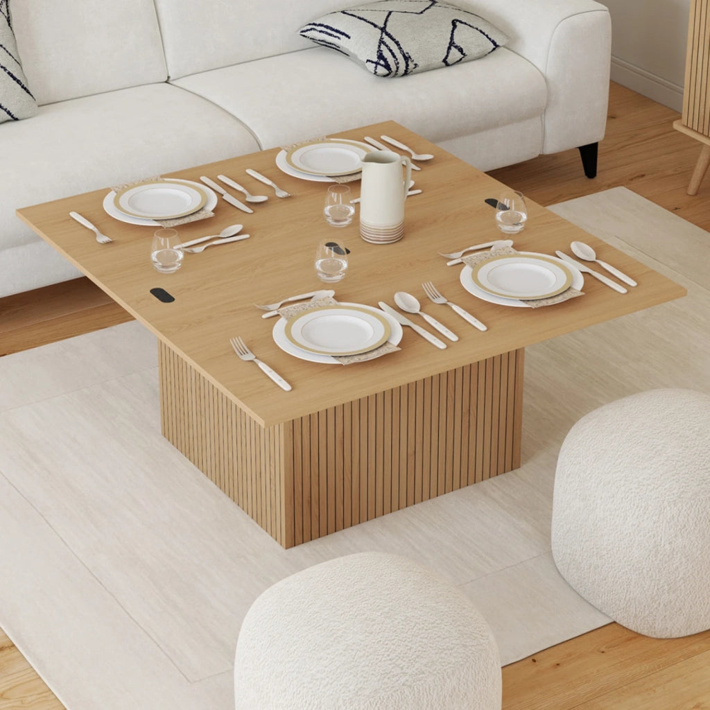 IDMarket - Tavolino rettangolare con piano sollevabile, trasformabile in tavolo da pranzo JULIETTE, 100 cm, effetto doghe di legno