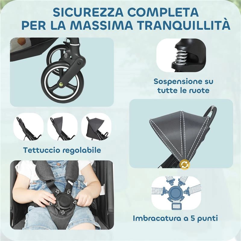 PASSEGGINO PER BAMBINI 0-3 ANNI PIEGHEVOLE E LEGGERO CON SCHIENALE REGOLABILE, CAPOTTINA, CESTINO, GRIGIO SCURO