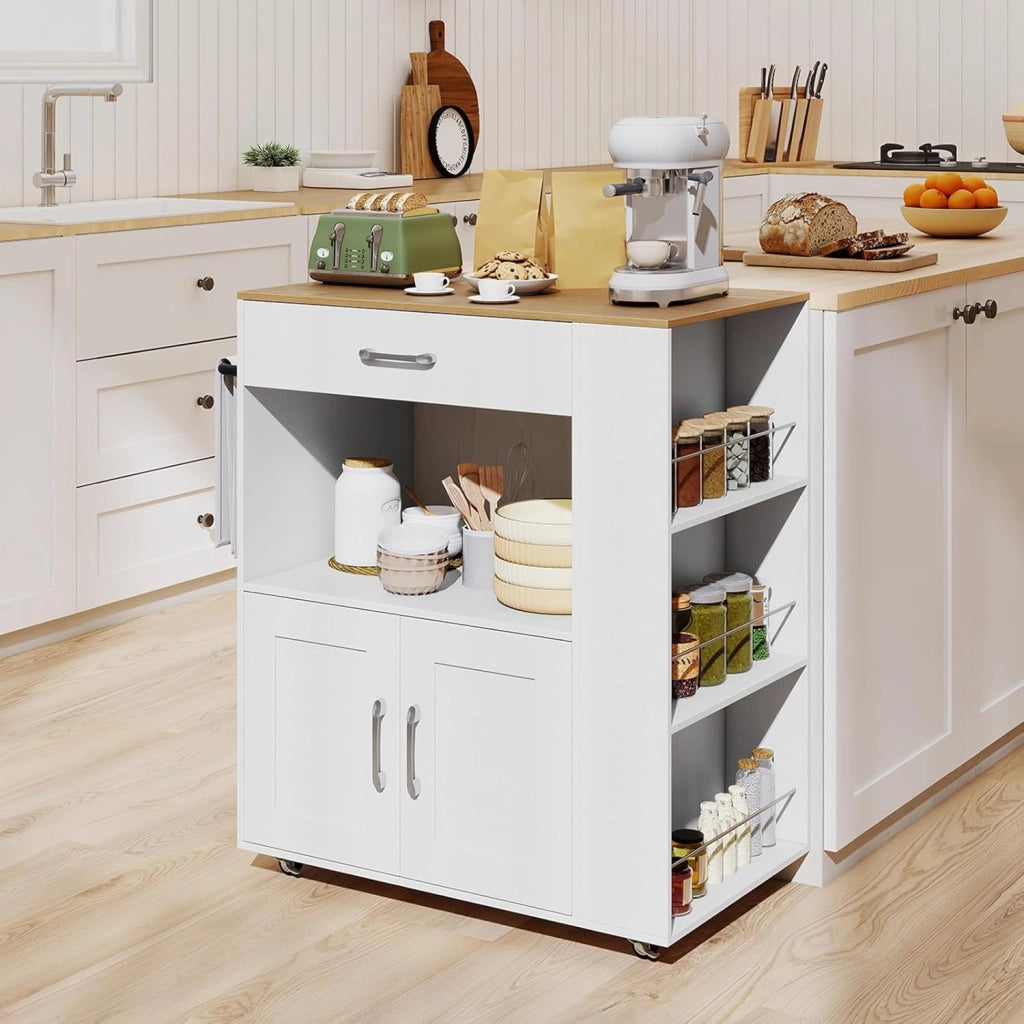 Carrello da Cucina con Ruote, Isola da Cucina con 3 Portaspezie 1 Cassetto Armadietto a 2 Porte, Carrello Portaoggetti con Portasciugamani, 82x46x92 cm (Bianco)