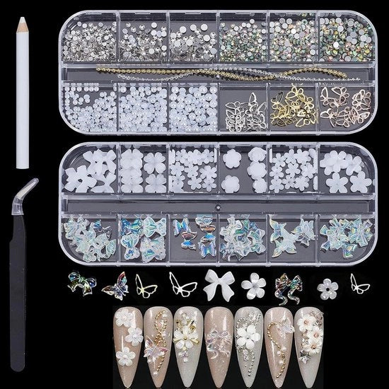 Nagelhanger 3D con Vlinderdas e Edelsteni - Decorazione per unghie con tema di Fiori per la Primavera - Materiale Acrilico - Retro con superficie piatta