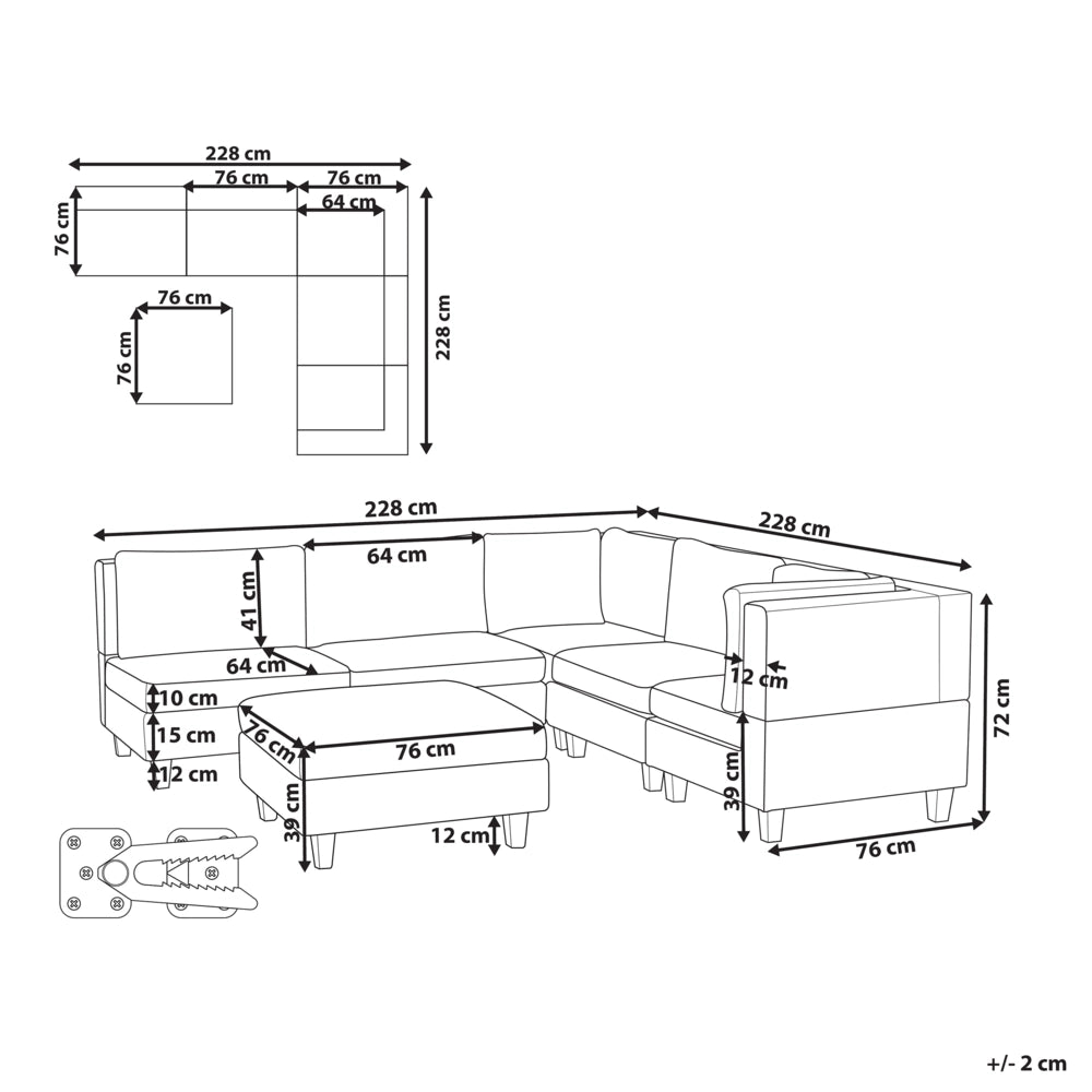 Divano componibile a 5 posti imbottito lato sinistro in tessuto marrone con gambe nere e pouf stile moderno