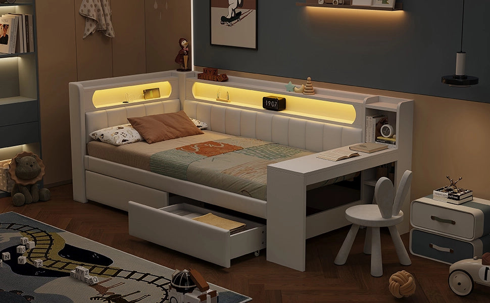 DESMIU Lit banquette 90 × 200 cm 1 place avec bureau, 2 tiroirs, LED et USB, sans matelas, blanc