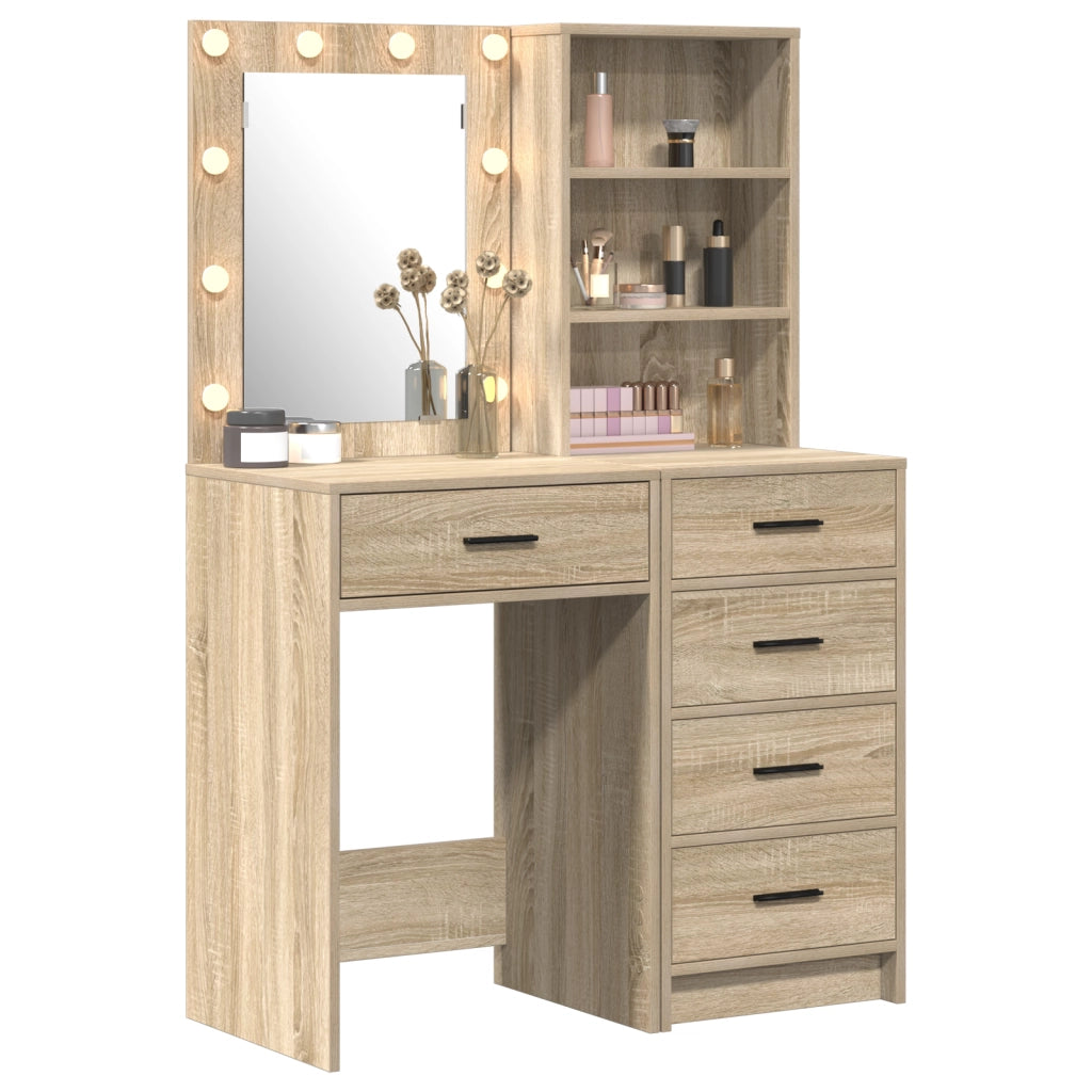 Set di 2 pezzi per toeletta con LED in legno ingegnerizzato di rovere Sonoma