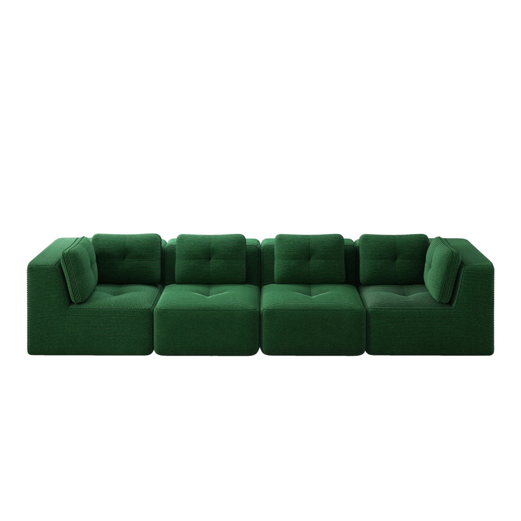 Divano Angolare Modulare 4 Posti ¨C MINIMAL ¨C Verde, Tessuto a Coste, Senza Braccioli, Cuscini Morbidi