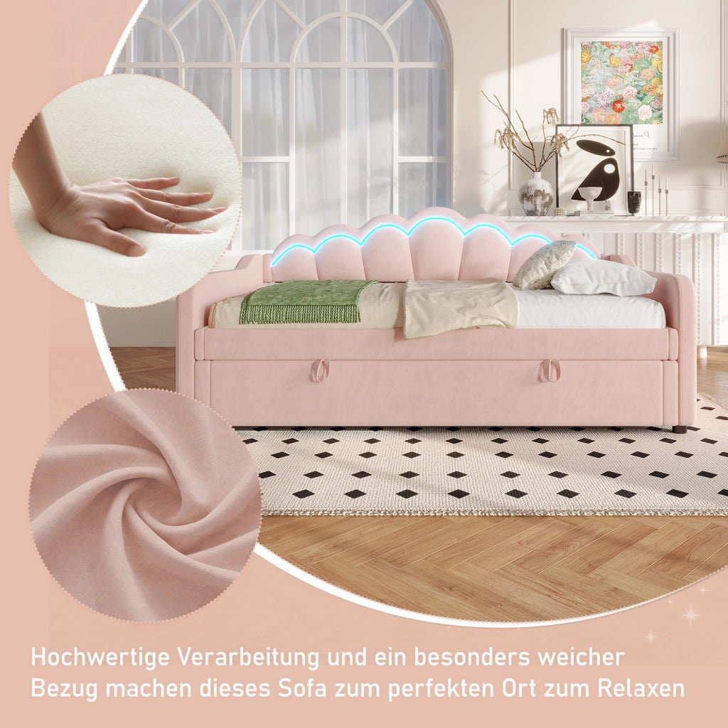 OKWISH Letto Divano 90×200 cm, Letto Singolo con Contenitore, LED Multicolore e Telecomando, senza Materasso, in Velluto, Rosa