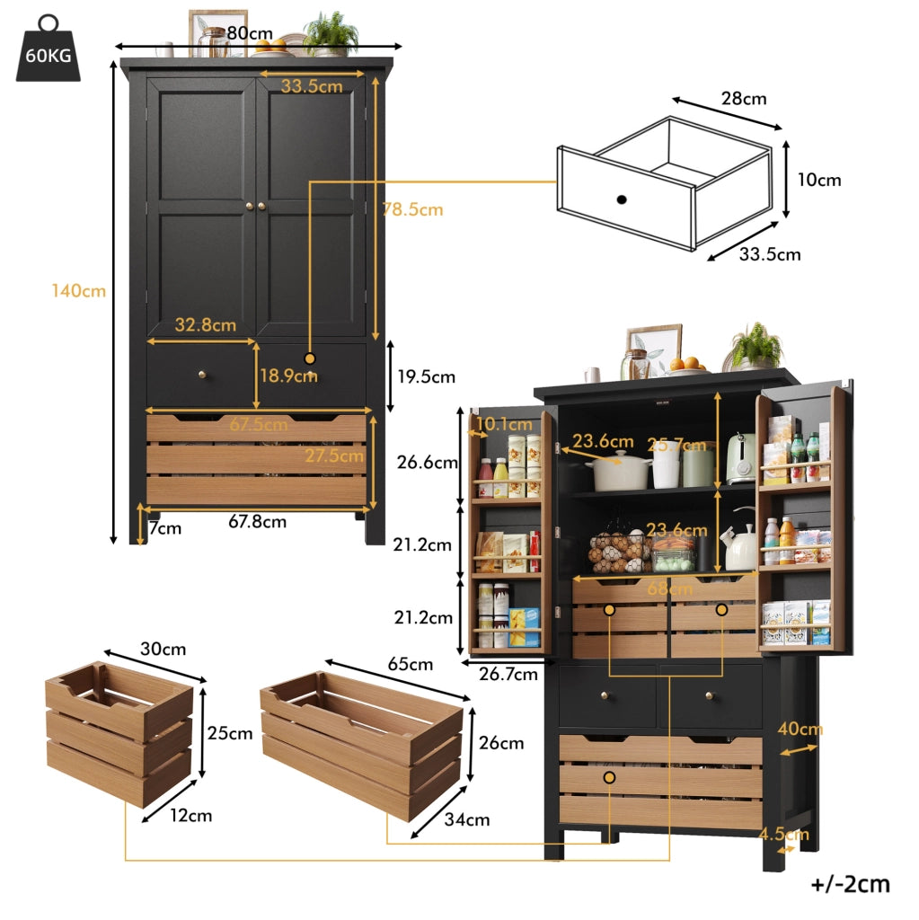 Credenza da cucina 80x40x140 cm con ampio spazio contenitivo in MDF e metallo nera