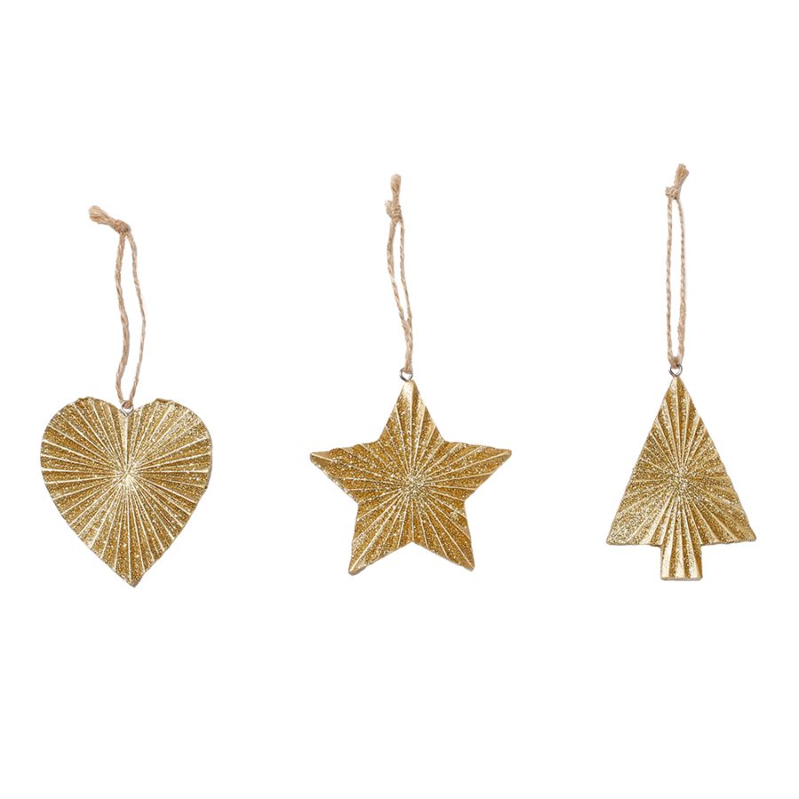 DECORAZIONE NATALIZIA PENDENTE CUORE-STELLA-ALBERO ORO PREZZO CAD UNO