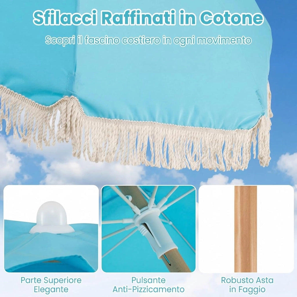 Ombrellone da Spiaggia 180 cm, Inclinabile Regolabile 30°, Palo in Legno, 8 Stecche in Fibra di Vetro, Ombrellone per Giardino, Piscina, Terrazza (Blu)