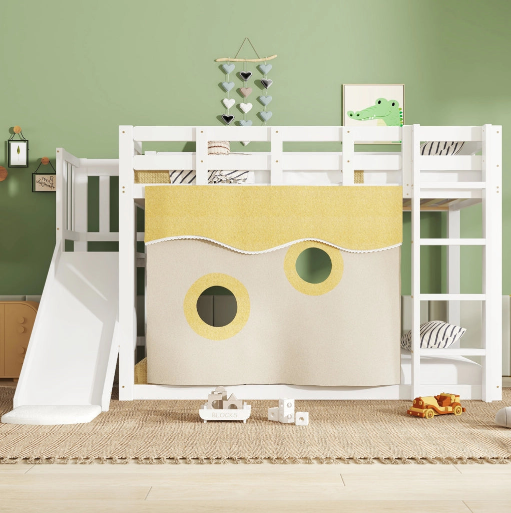 Letto a castello 90x200 cm bianco con scala, scivolo e tende