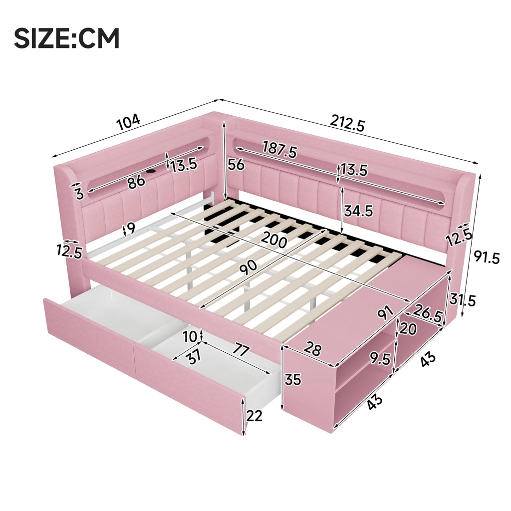 LETTO Poltrona 90x200 cm Rosa con USB, LED e 2 Cassetti
