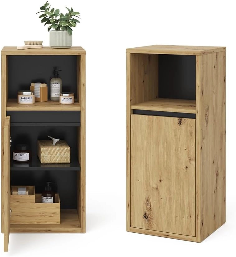 Mobiletto bagno Viola, Rovere artigianale, 38 x 80 cm, per montaggio a parete con vani a giorno e vani chiusi