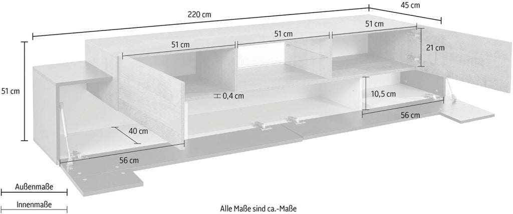 Mobile Tv 4 Ante e Ripiano a Giorno 220x45x51,5 cm Coro Grigio Antracite Opaco/Rovere Wotan
