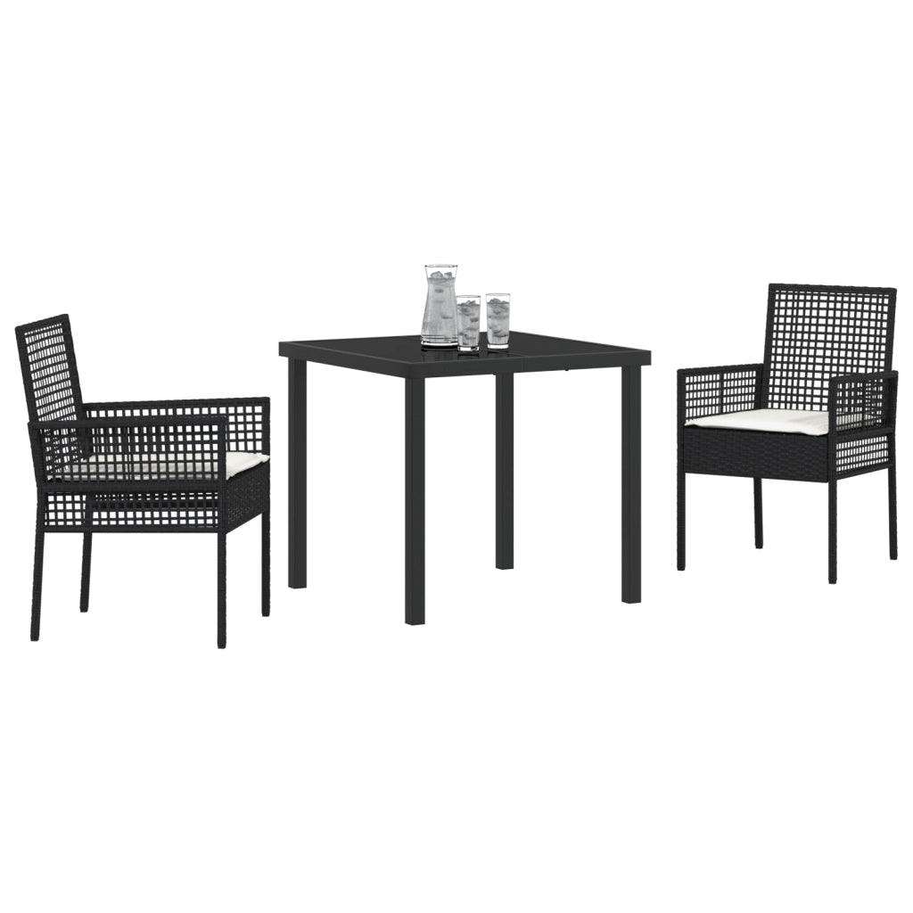 Set da Pranzo Giardino 3 Pezzi con Cuscini Neri in Polyrattan