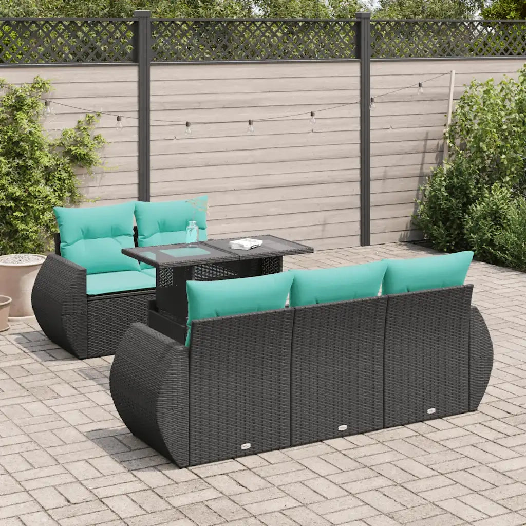 Set Divano da Giardino 6 pz con Cuscini Nero Polyrattan Acacia