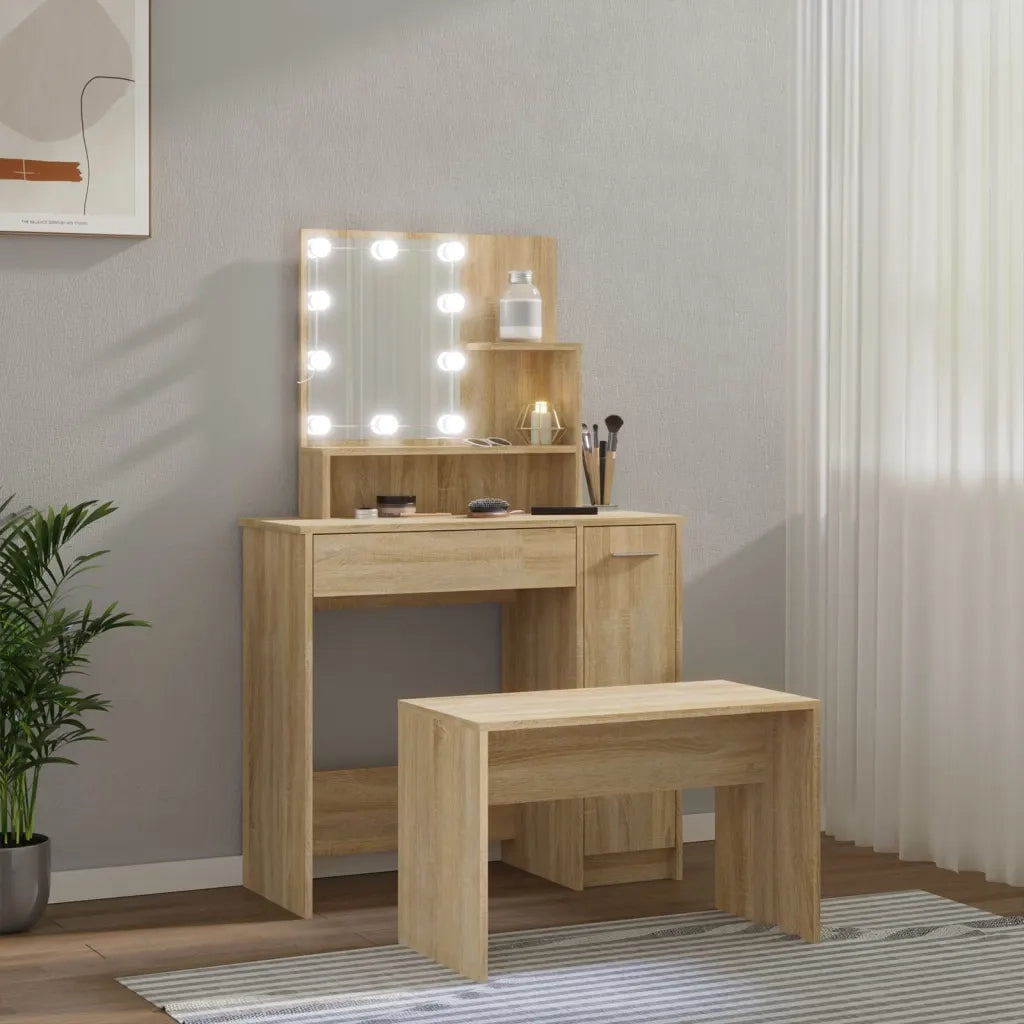 Set Tavolo da Toeletta con LED Rovere Sonoma Legno Multistrato 3114117