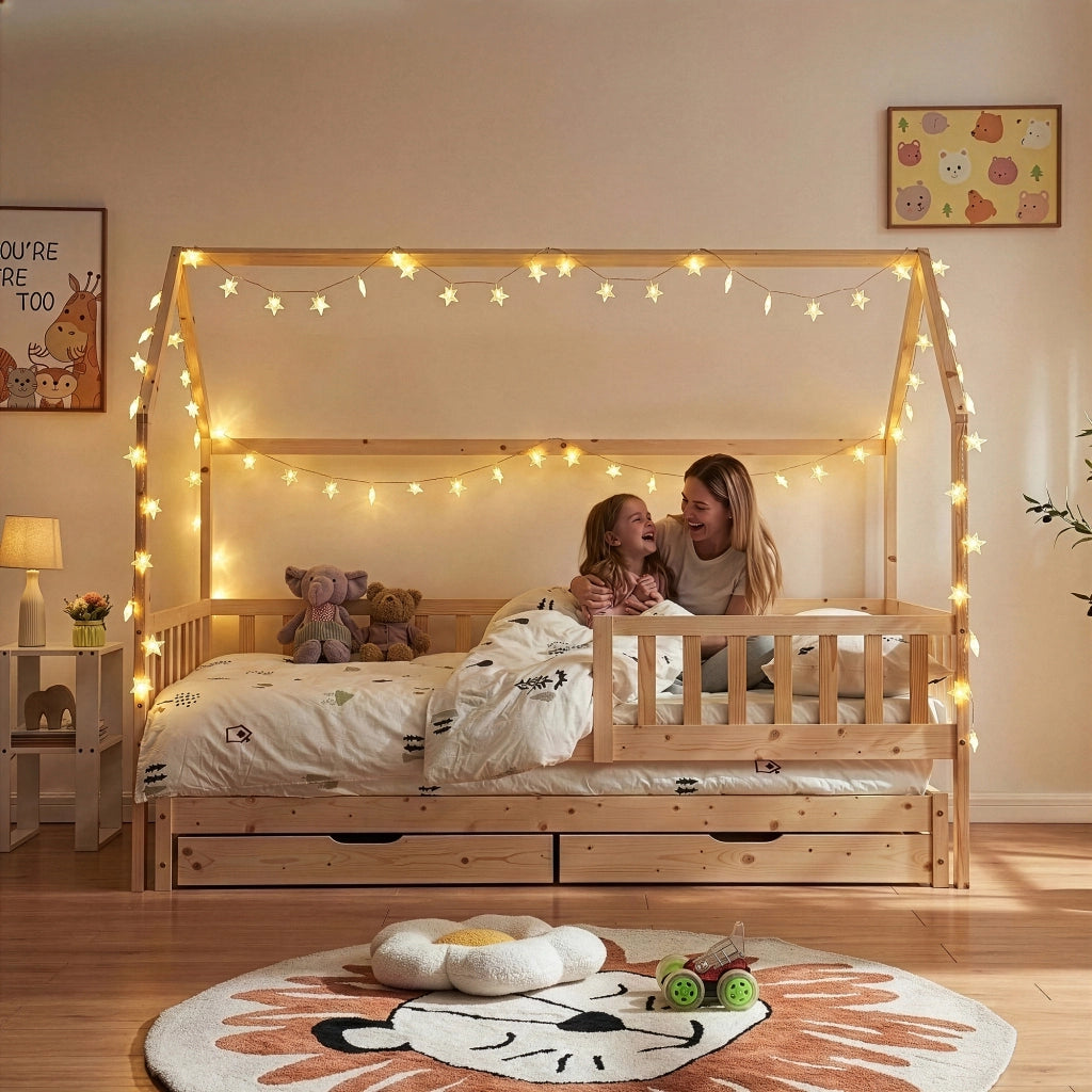 Letto a Casetta per Cameretta Aarghonmaa in Legno di Pino con Letto Estraibile 1 Materasso 90x200 cm e 2 Cassetti - Naturale [en.casa]
