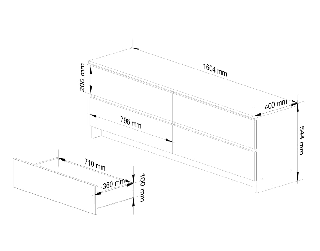 Cassettiera AKORD K160 Bianca 160 cm 4 cassetti inserto frontale Grigio Grafite 160x40x55 cm