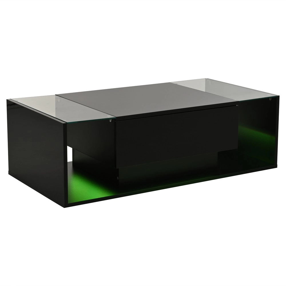 Tavolino da Caff¨¨ con LED e Cassetto ¨C MINIMAL ¨C Vetro Temperato Nero Lucido 100x50x31