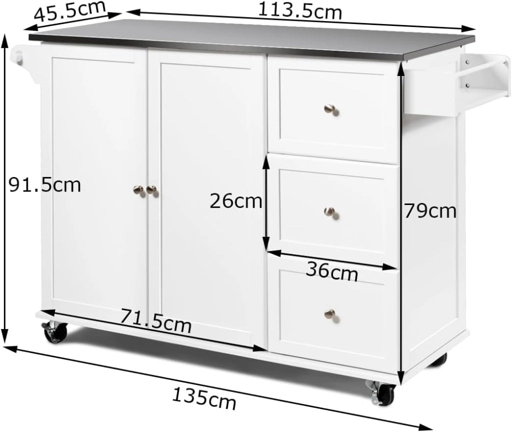 Carrello da cucina con piastra in acciaio inox, armadio da cucina con ruote, isola mobile con 3 cassetti e ripiani regolabili, carrello da servizio, carrello da cucina, carrello da cucina, 135