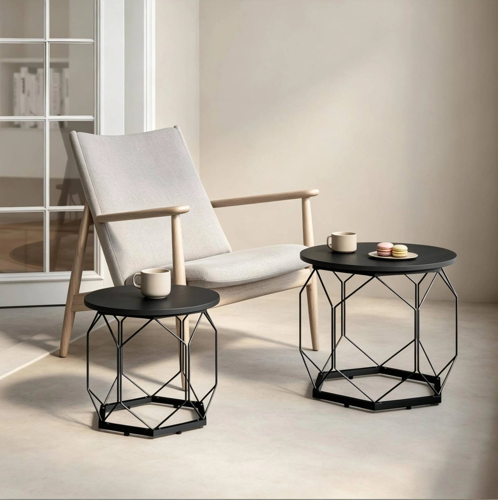 Set di 2 tavolini rotondi con vano portaoggetti nero