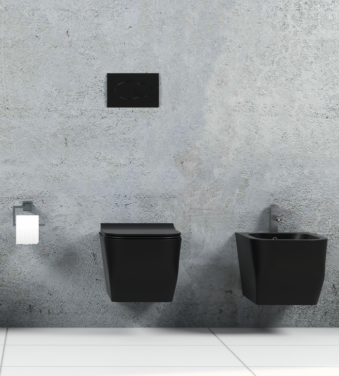 Coppia Sanitari Sospesi Rimless Senza Brida Serie New Edge Nero Opaco Coprivaso Soft-Close Incluso