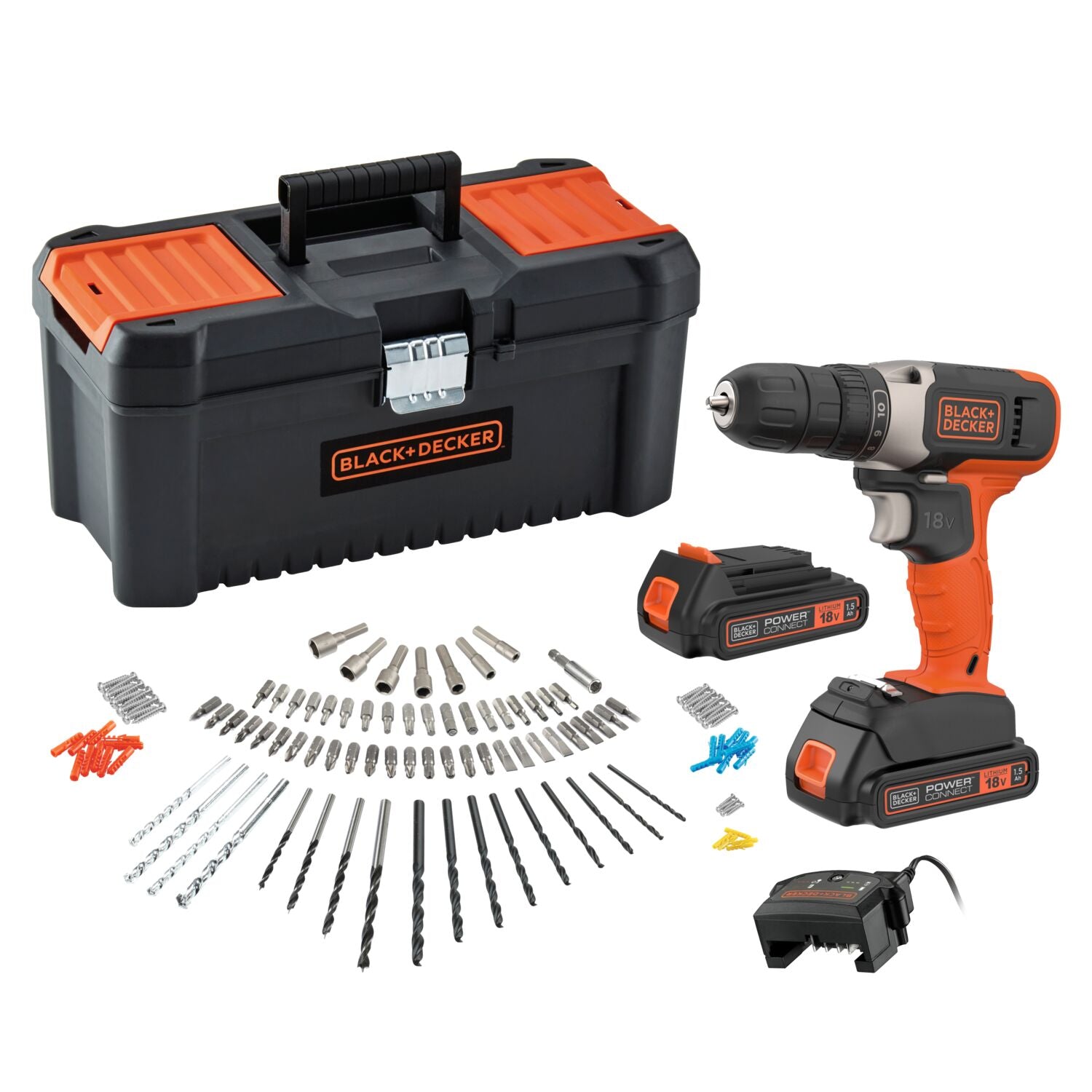 Black & Decker BCD001C2TA-QW Trapano Avvitatore a Percussione 18 V con 2 Batterie + 120 Accessori – 37 Nm