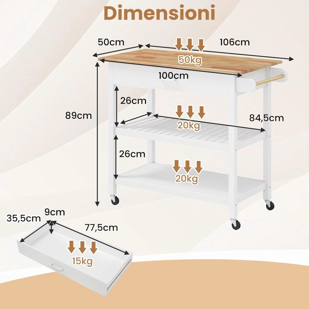 Carrello da Cucina Salvaspazio con Ruote, Mobiletto Cucina con Piano in Legno, Cassetto, 2 Ripiani Aperti, Carrello da Portata per Sala da Pranzo, 106 x 50 x 89 cm (Bianco)