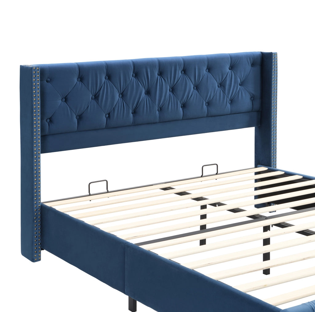 Letto imbottito in velluto blu 160 x 200 cm con rete e testiera decorata