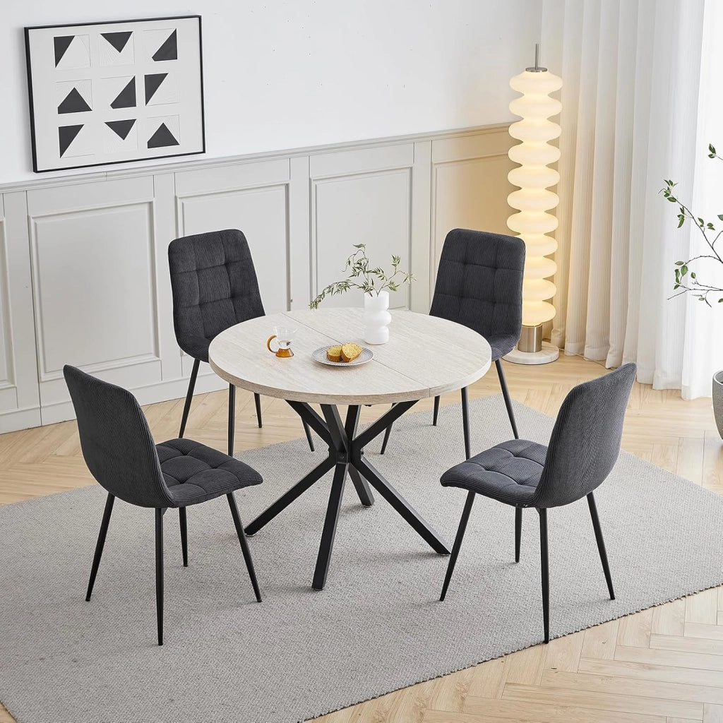 GrandCA HOME Set Tavolo e Sedie da Pranzo, 4 Sedie da Pranzo in Velluto a Coste Nero e un Tavolo da Pranzo Rotondo Moderno da 100 cm, adatti per Cucina e Soggiorno (Pietra di Grotta Gialla)