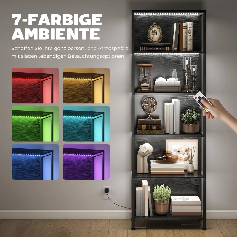 LIBRERIA 60x30x179 cm 5 Ripiani Nero con LED a 7 colori