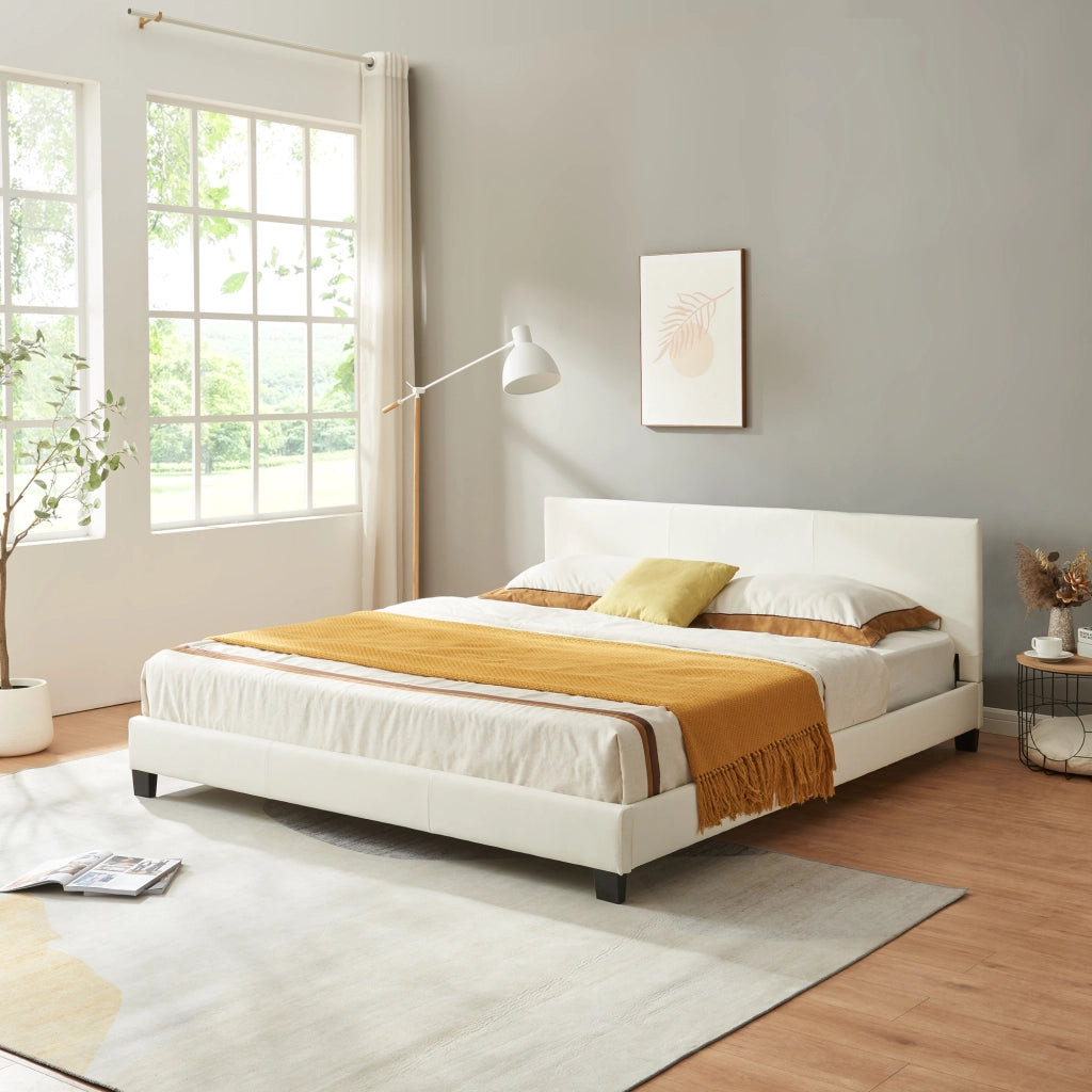 Letto Matrimoniale con Testiera Alta Letto a 2 Piazze 180x200 cm Rivestimento in Similpelle Bianco Corium