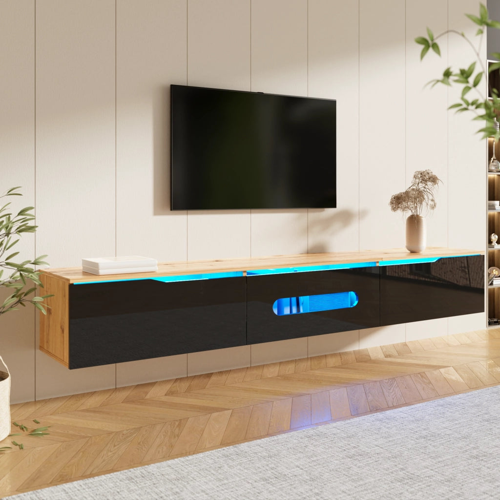 OKWISH Mobile TV con 3 Ante e LED, Montaggio a Terra o Parete, Stile Moderno, per Soggiorno, MDF, Nero e Legno, 180 x 35 x 30 cm