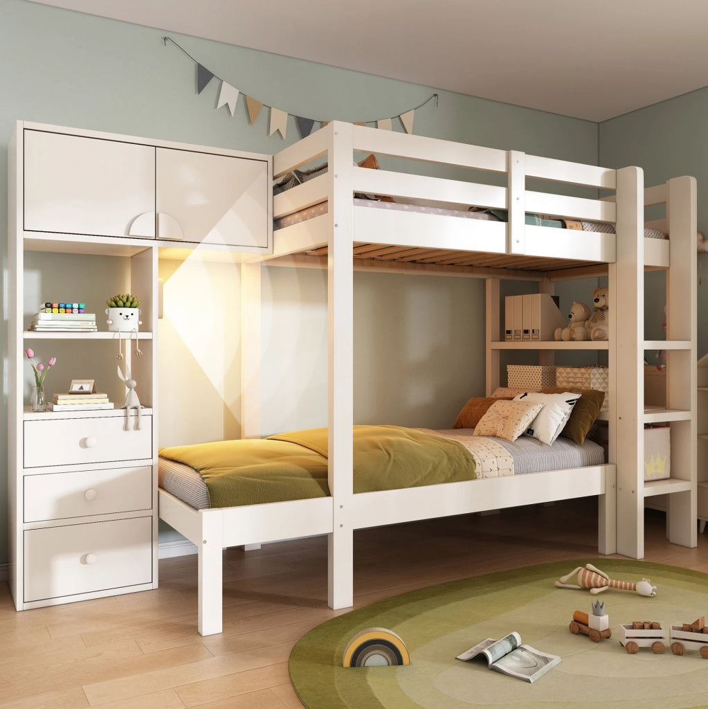 Letto a castello sfalsato 90x200 cm con luce LED notturna; armadio; ripiani e cassetti; bianco