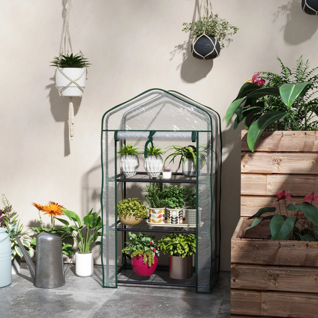 Mini Serra da Giardino con Copertura in PE, 3 Ripiani e Porta Avvolgibile, 59x39x127 cm, Trasparente