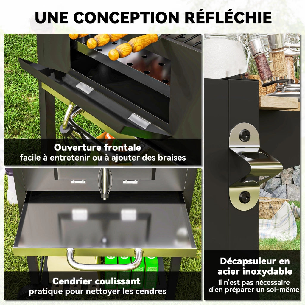 Barbecue carbone regolabile in altezza con griglia, coperchio, termometro, ripiani, ruote e apribottiglie ¨C zephmum ¨C nero