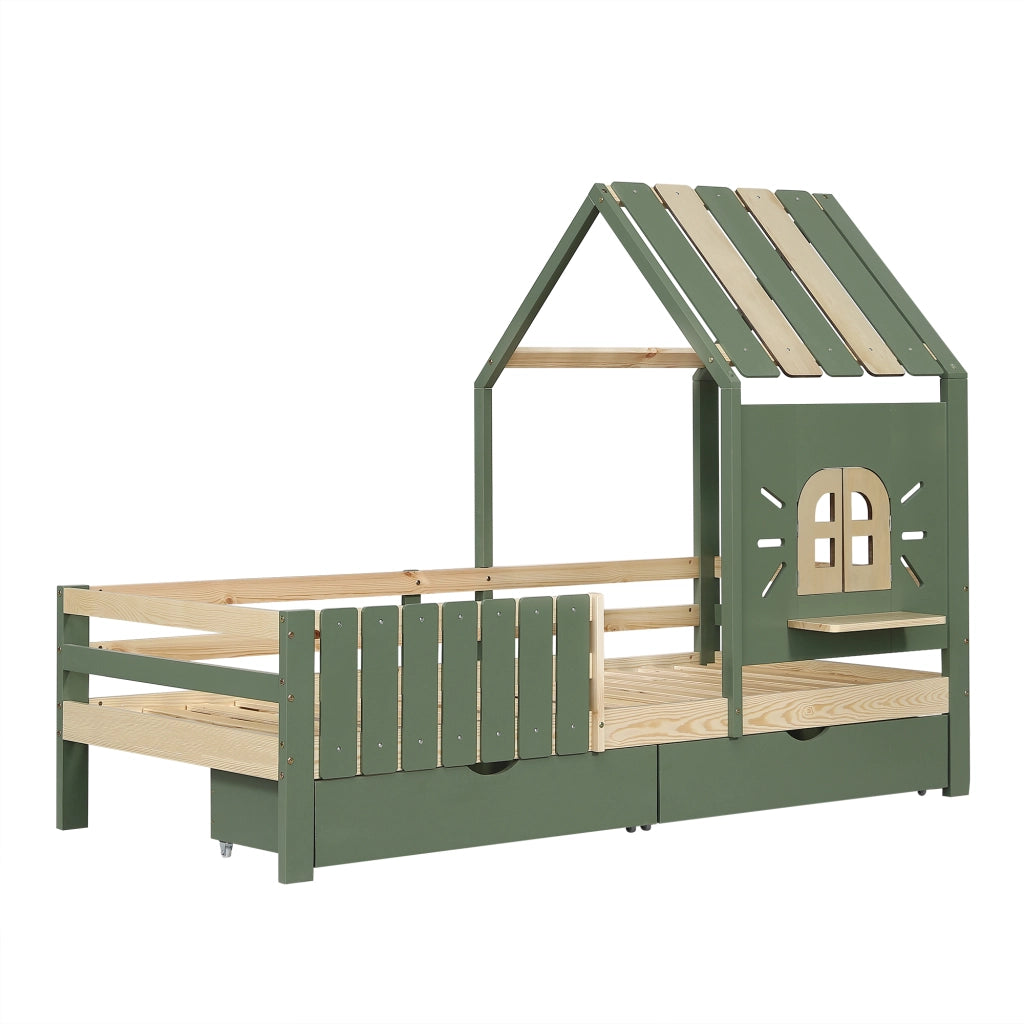 Letto a casetta per bambini 90x200 cm con tetto, finestra e 2 cassetti, verde e naturale
