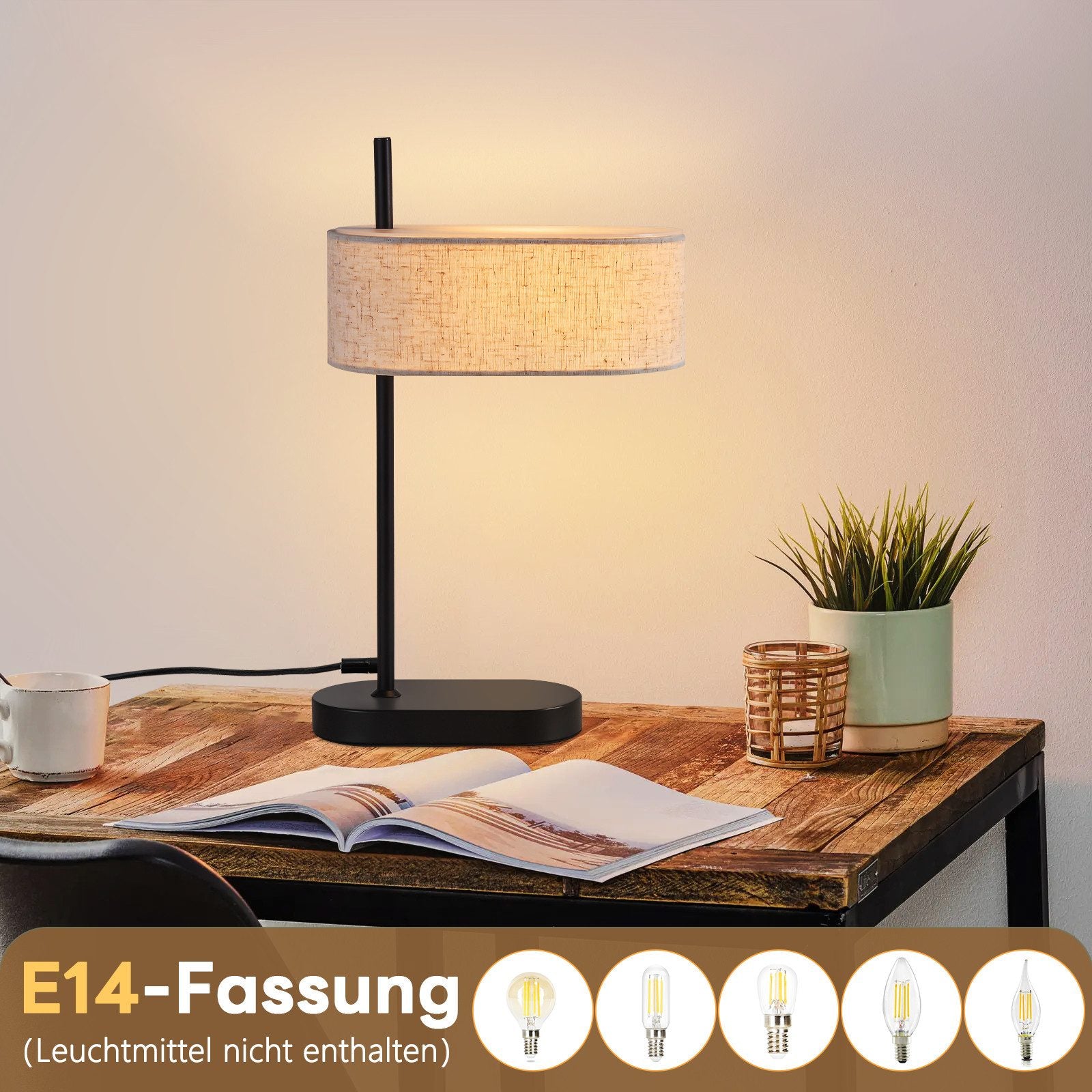ZMH Lampada da tavolo nera E14 44.5cm paralume lino tessuto per soggiorno comodino