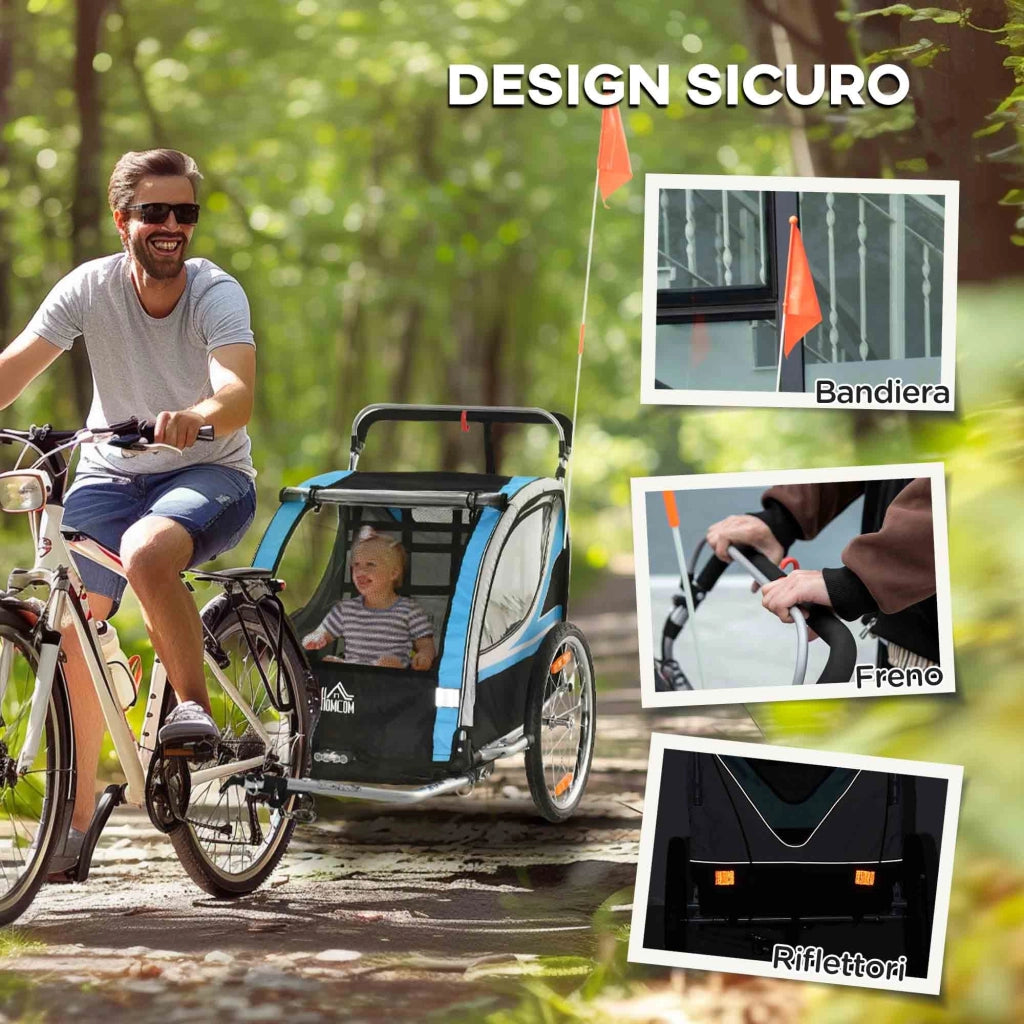 Rimorchio Bicicletta per Bambini e Passeggino 2 in 1 con Cintura Tasche e Bandierina Blu