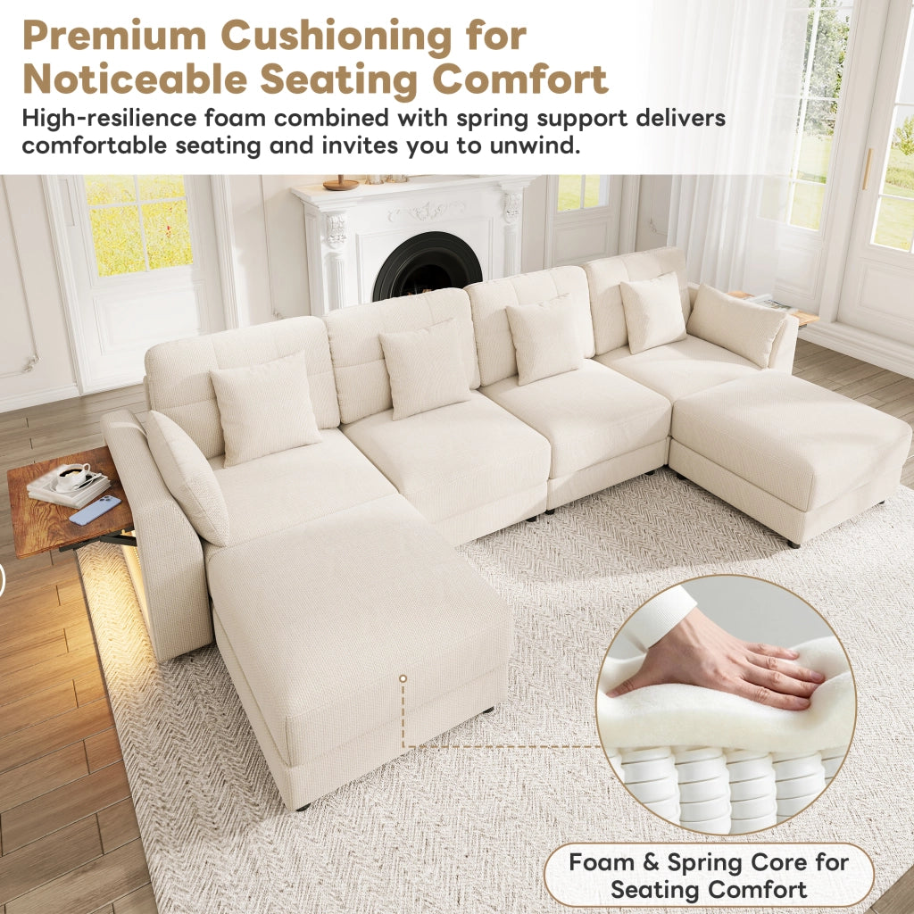 Divano angolare modulare a U e L con luci LED tavolino ribaltabile e tessuto chenille beige 292 × 135 × 82 cm