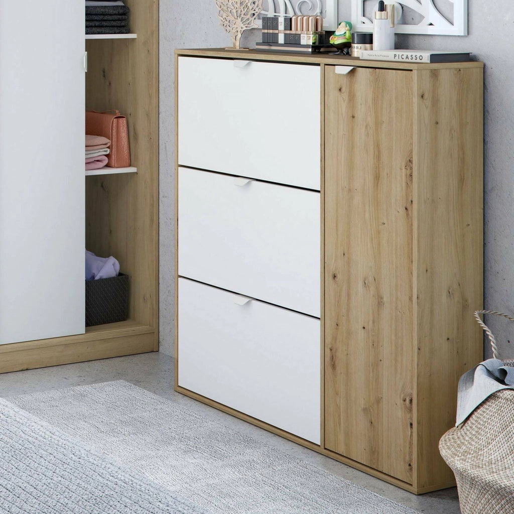 Scarpiera Anuk, Scarpiera da ingresso a 4 ante, Armadio portascarpe salvaspazio, 105x24h112 cm, Bianco e Rovere