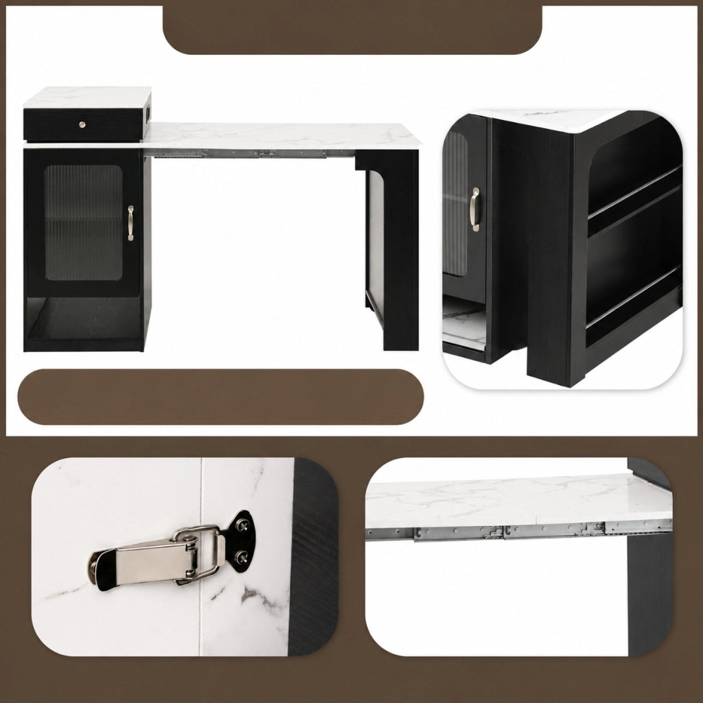 Isola da Cucina con Ruote 80x151x92 cm; Tavolo Estensibile con Prese Elettriche; Mobile Multiuso Nero e Bianco