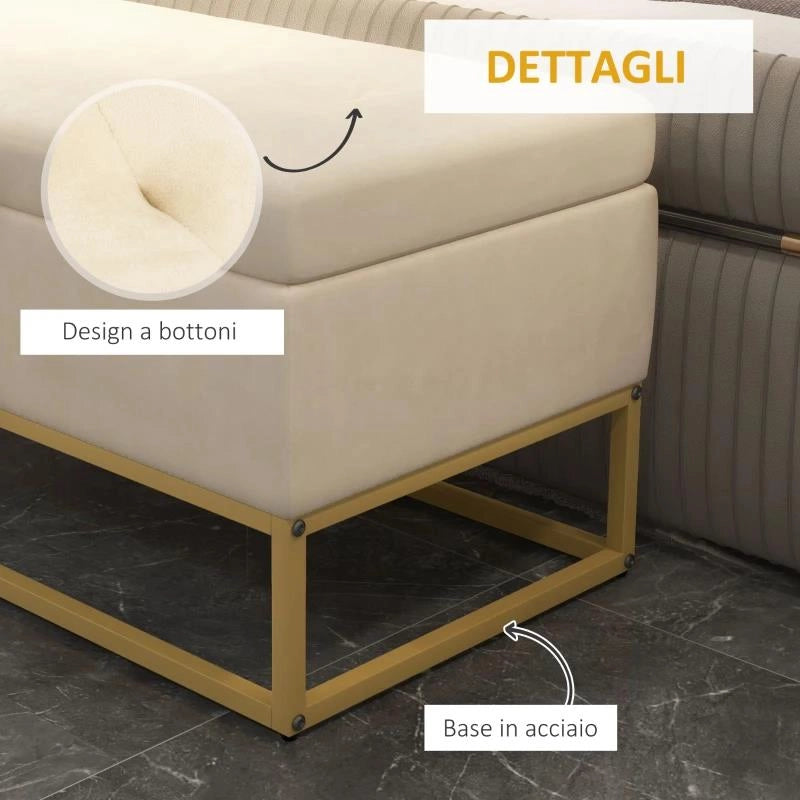 PANCA CONTENITORE RETTANGOLARE CON SEDUTA IMBOTTITA E GAMBE IN ACCIAIO, 110X44X49 CM, BEIGE