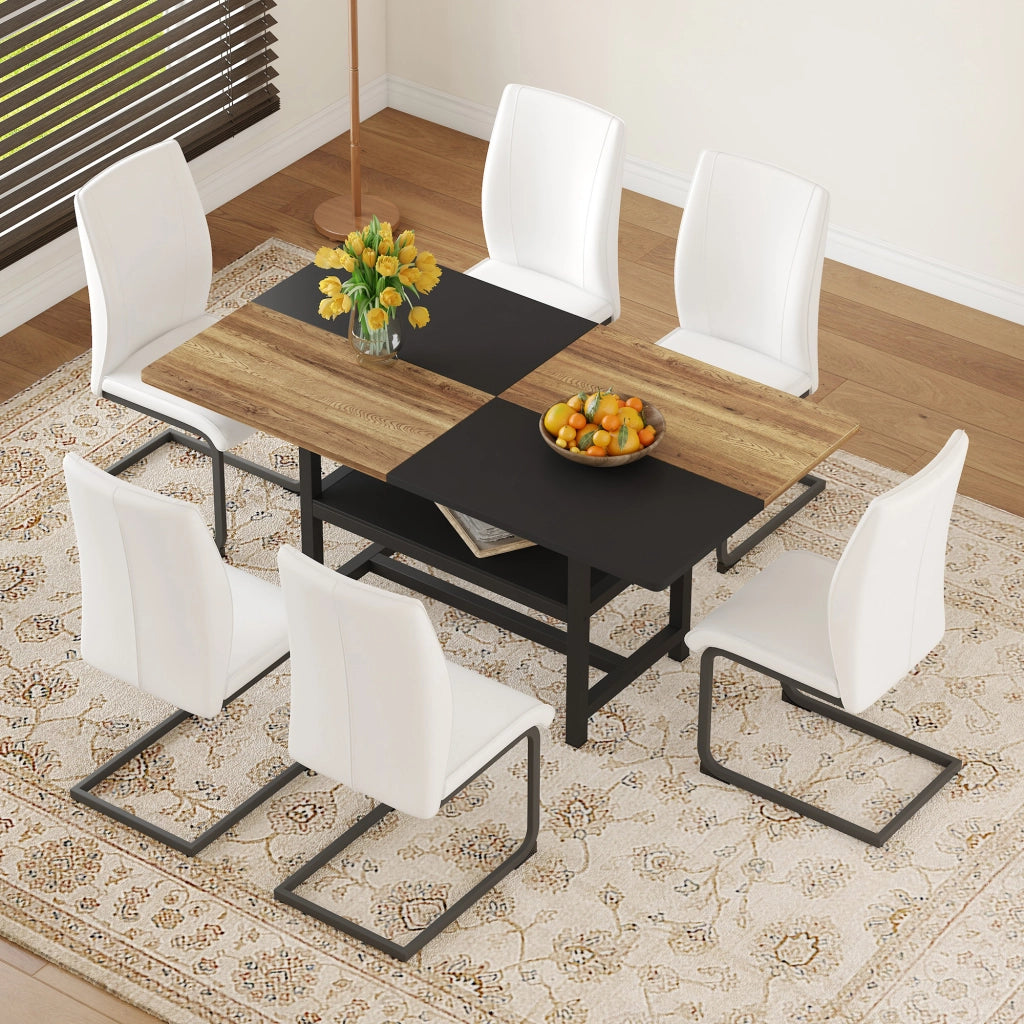 Tavolo da pranzo per 6 persone con ripiano contenitore, 6 sedie, in MDF e metallo, bianco e legno, 160 × 90 × 76 cm