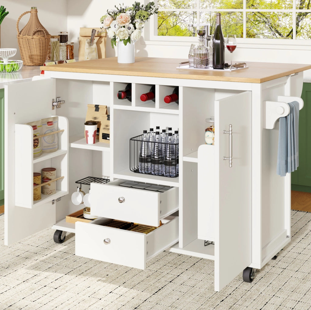 Isola da cucina mobile con piano ribaltabile, bianca