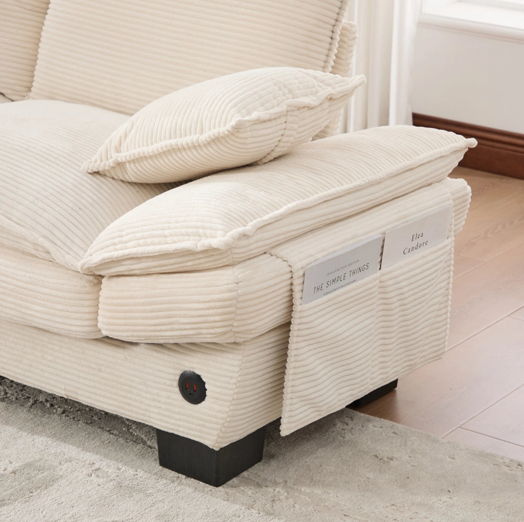 Divano modulare 2 posti in velluto a coste beige con 2 pouf