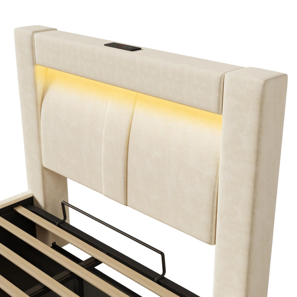 OKWISH Letto Contenitore 90×200 cm, Letto Singolo con LED Regolabile, USB, Type C e Testiera Curva, Materasso Incluso, Velluto Beige