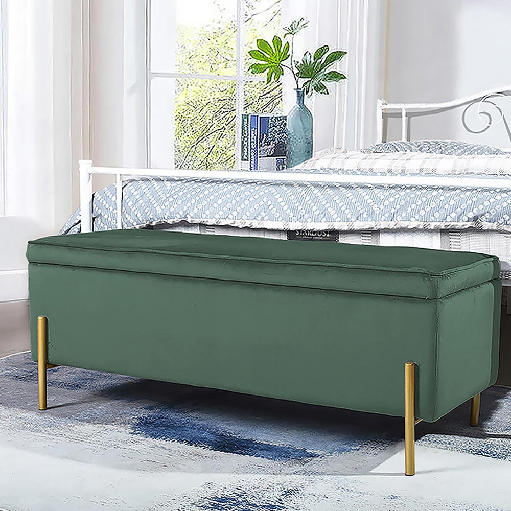 Cassapanca Pouf Contenitore Panca Sgabello Poggiapiedi in Tessuto Velluto Verde